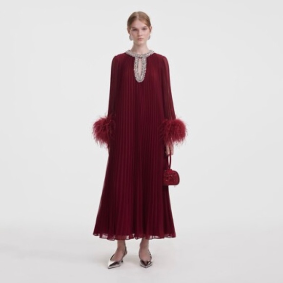 BURGUNDY CHIFFON FEATHER MIDI DRESS BEAUTIFUL, FORMAL, LUXURY GOWN - Picture 1 of 8